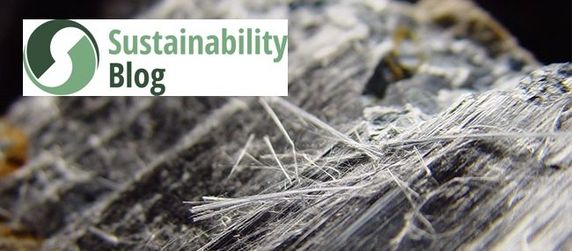 Bild einer mikroskkopischen Darstellung von Asbestfasern mit dem Logo des TÜV Hessen Sustainability Blogs in der oberen linken Ecke