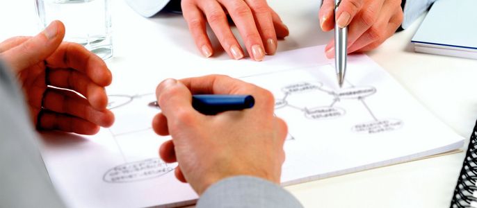 Mehrere Personen die an einer Mindmap schreiben.