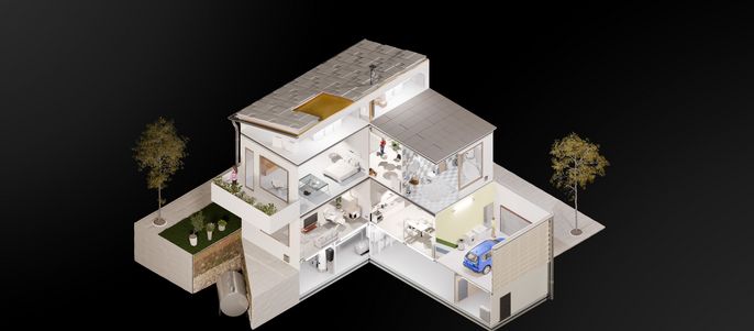 Isometrischer Querschnitt eines mehrstöckigen Einfamilienhauses mit Garage und Garten