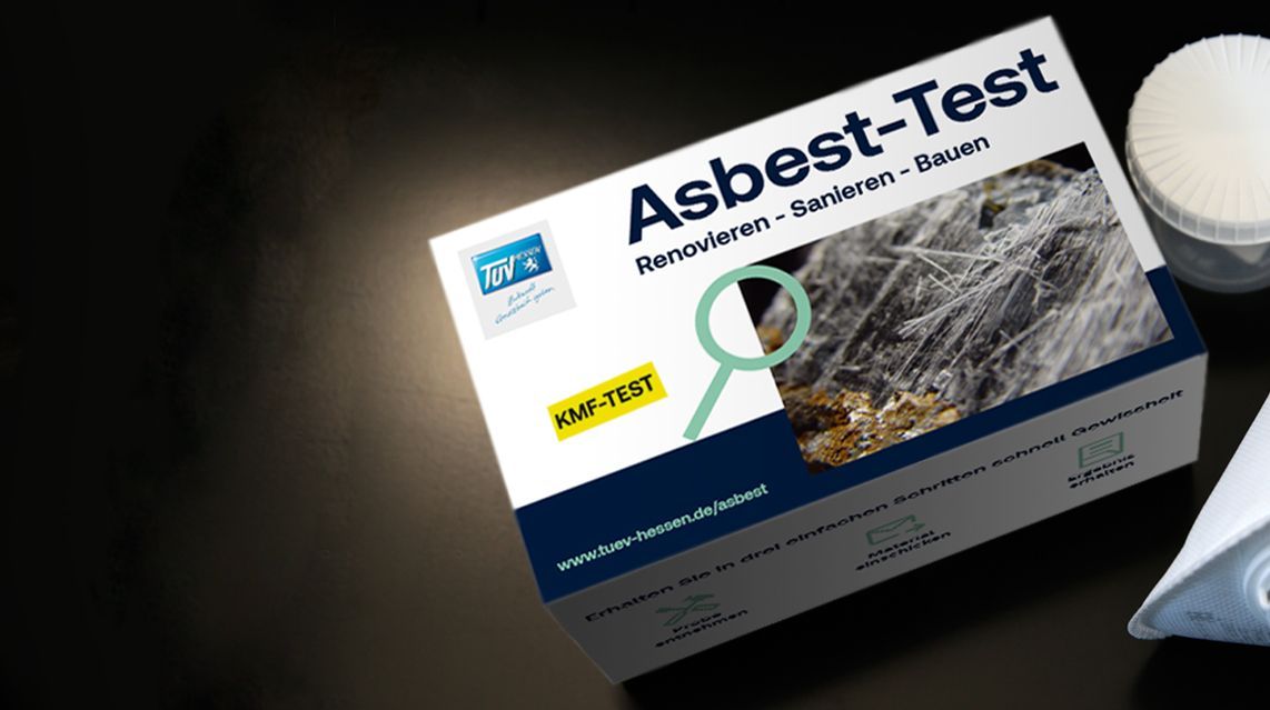 Darstellung des TÜV Hessen Asbest-Tests, des Probenbehälters und einer FFP3-Maske