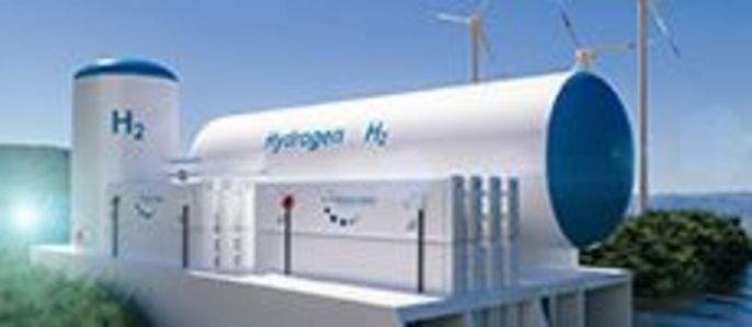 Eine moderne Anlage zur Herstellung von Wasserstoffgas, mit einem großen zylindrischen Tank mit der Aufschrift "H2" und drei Windturbinen im Hintergrund.