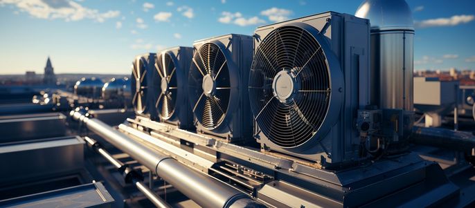 Große Industrieventilatoren auf einem Dach, mit einer Stadtlandschaft im Hintergrund.