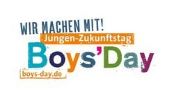 Ein farbenfrohes Banner für den "Boys' Day", mit dem Text "Wir machen mit!" und "Jungen-Zukunftstag" in Fettdruck, begleitet von einem Website-Link.