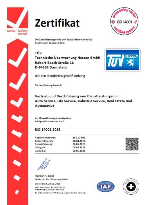 Ein Zertifikat der Zertifizierungsstelle von Swiss Safety Center AG für die Technische Uberwachung Hessen GmbH mit der Norm ISO 14001:2015.