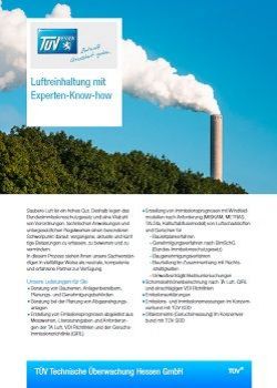 Ein Plakat für "Lufteinhaltung mit Expert-Know-how" von TUEV Hessen, das verschiedene Dienstleistungen im Zusammenhang mit Luftqualität und Umweltschutz beschreibt.