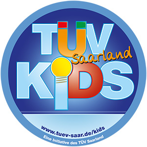Ein Logo für "TUEV Kids Saarland", eine Initiative des TUEV Saarland.