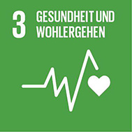 Das dritte Ziel der Ziele für nachhaltige Entwicklung der Vereinten Nationen, nämlich "Gesundheit und Wohlbefinden für alle Altersgruppen". Es wird durch eine Herzschlaggrafik und ein Herzsymbol dargestellt.